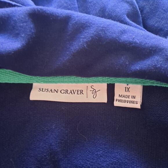 Susan Graver Navy & Green Button Down Terry Sweatshirt / Jacket - Size 1X - Picture 7 of 8